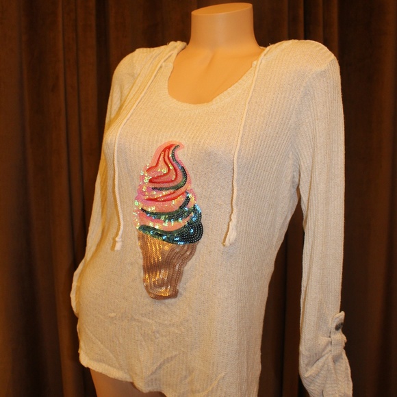 Sequin Thermal Drawstring Hi Lo Hoodie Sweater M - Picture 2 of 5